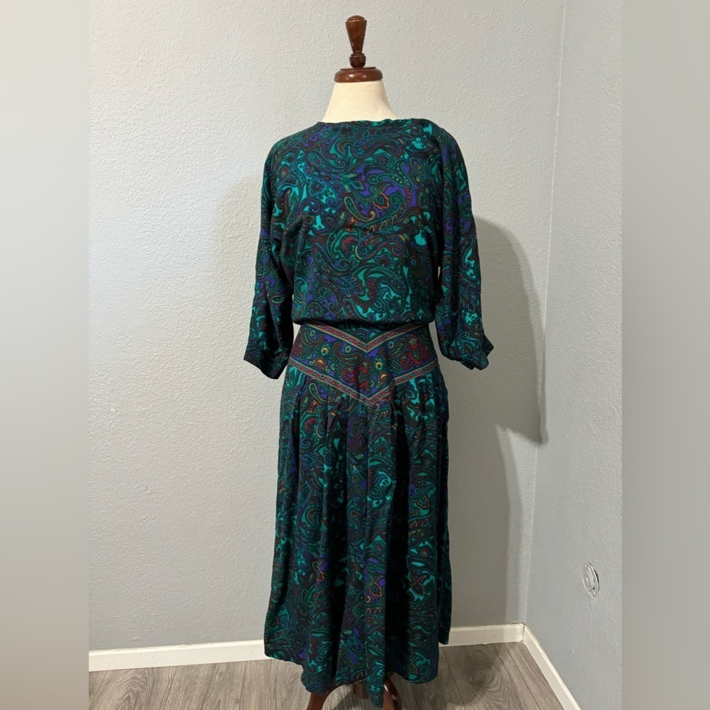R.E.O. Originals Vintage Multicolored Long Sleeves Round Neck Midi Dress Size 14 - Picture 1 of 16